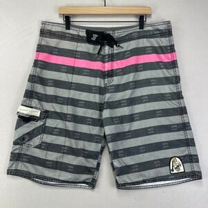 VTG Kanvas by Katin Boardshorts Mens 38 Grey Striped Baggy Loose Long 23" Surf‎